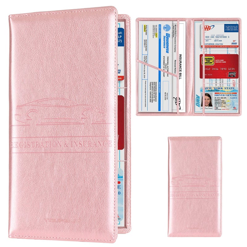 TOURSUIT Car Registration and Insurance Card Holder  Vehicle License Document Glove Box Compartment Organizer  Interior Car Accessories for Women Men Teens (Rose Gold) - Image 1